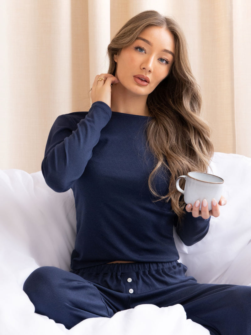 Rosie Pointelle Long Sleeve Top - Light Navy