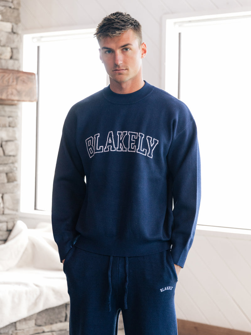 Varsity Relaxed Knitted Jumper - Navy