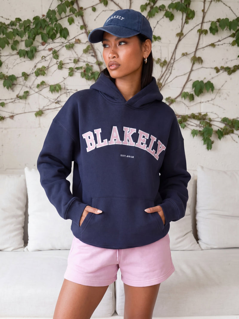 Varsity Oversized Hoodie - True Navy & Vintage Pink