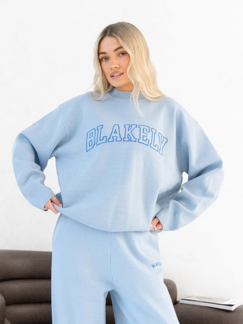 Varsity Oversized Knitted Jumper - Baby Blue