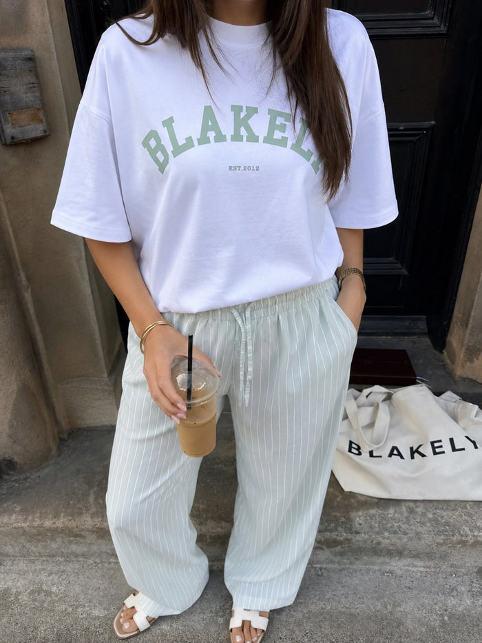 Varsity Oversized T-Shirt & Elodie Stripe Trousers Set - White & Mint Green