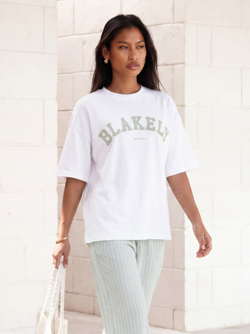 Varsity Oversized T-Shirt & Elodie Stripe Trousers Set - White & Mint Green