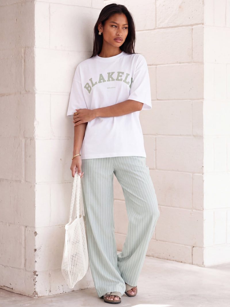 Varsity Oversized T-Shirt & Elodie Stripe Trousers Set - White & Mint Green