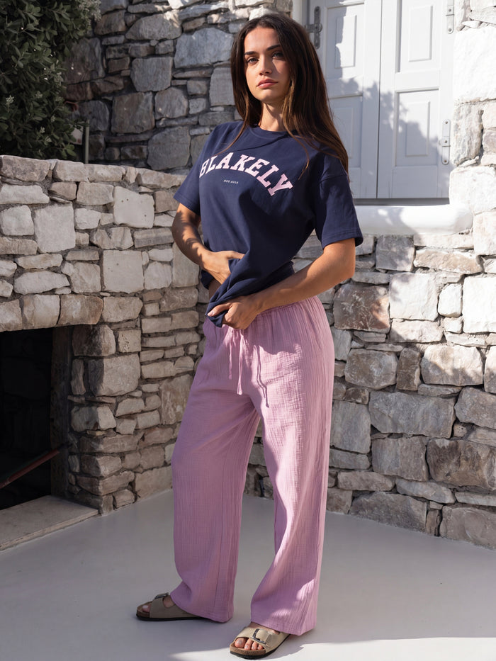 Varsity Oversized T-Shirt & Mila Wide Leg Trousers Set - True Navy & Dusty Pink