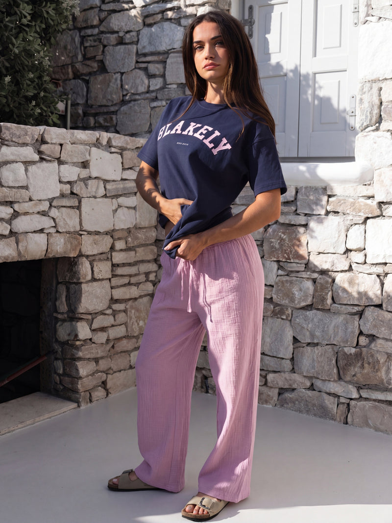 Varsity Oversized T-Shirt & Mila Wide Leg Trousers Set - True Navy & Dusty Pink
