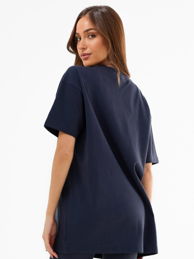 Varsity Oversized T-Shirt & Mila Wide Leg Trousers Set - True Navy & Dusty Pink