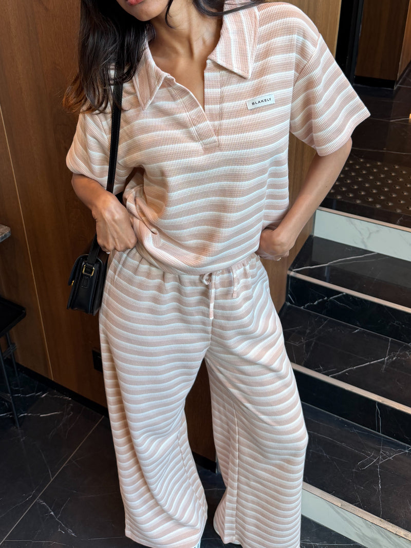 Soft Stripe Waffle Rugby Shirt - Peach Stripe