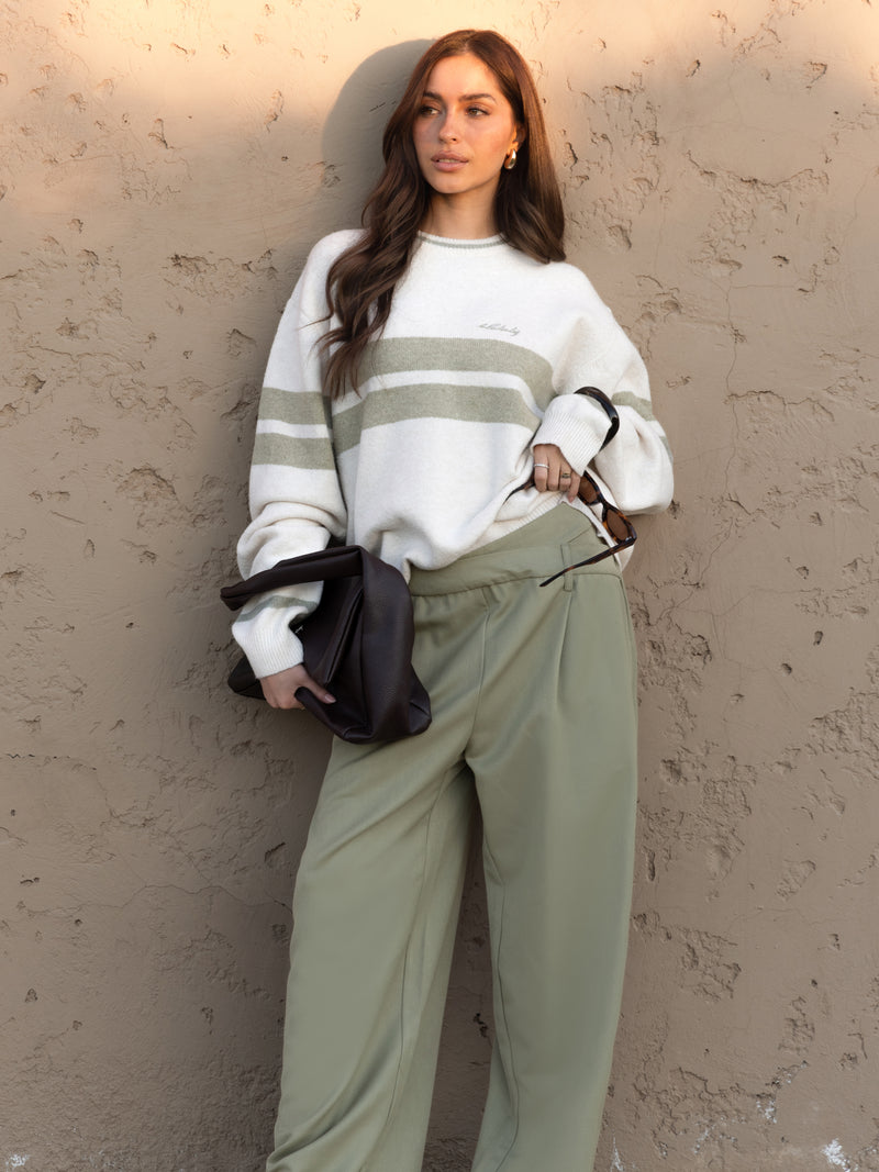 Mindy Stripe Knitted Jumper - Off White & Warm Olive