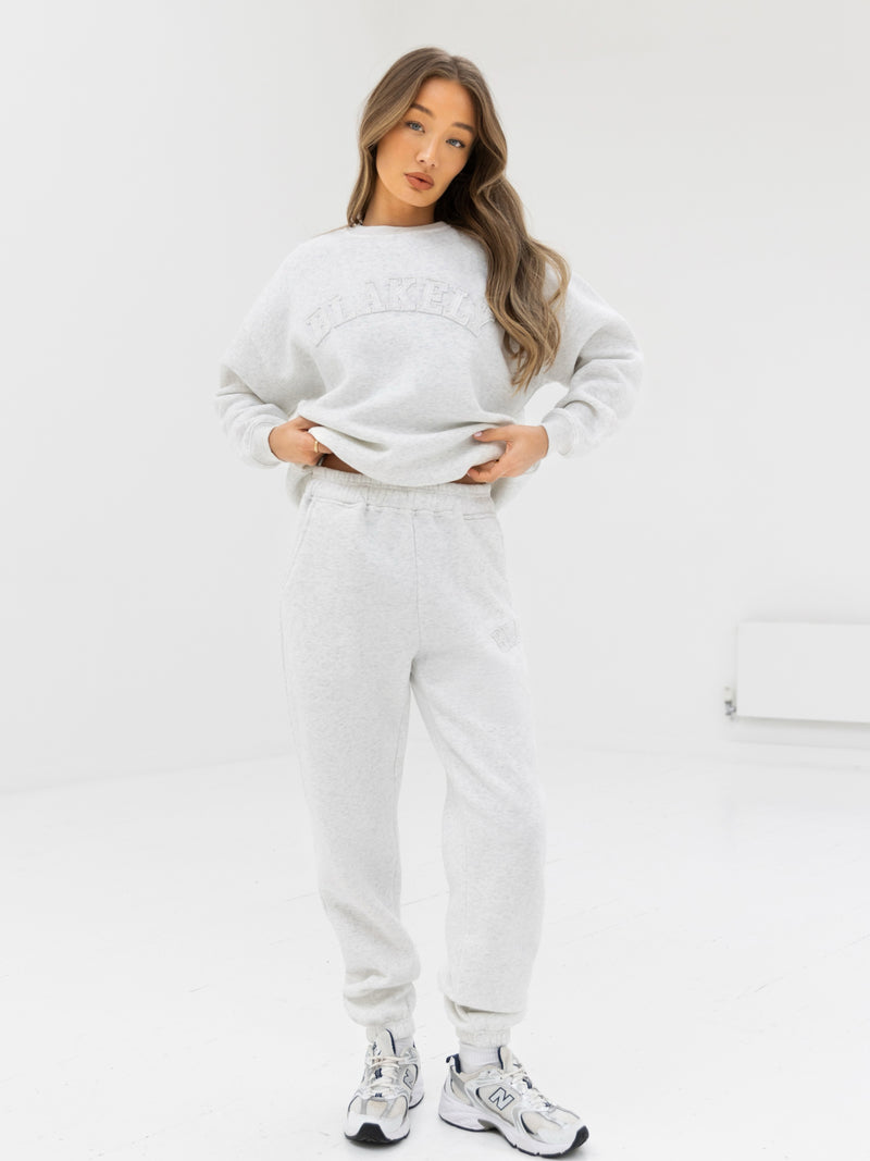Tonal Varsity Oversized Jumper & Sweatpants Set - Marl White