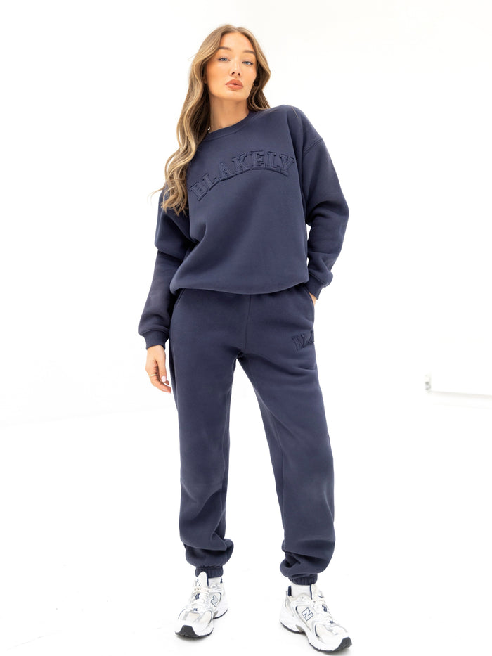 Tonal Varsity Oversized Jumper & Sweatpants Set - True Navy