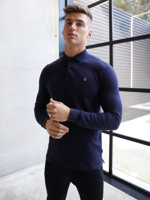 Blakely Clothing Harrow Button Up Long Sleeve Navy Mens Polo Shirt. 