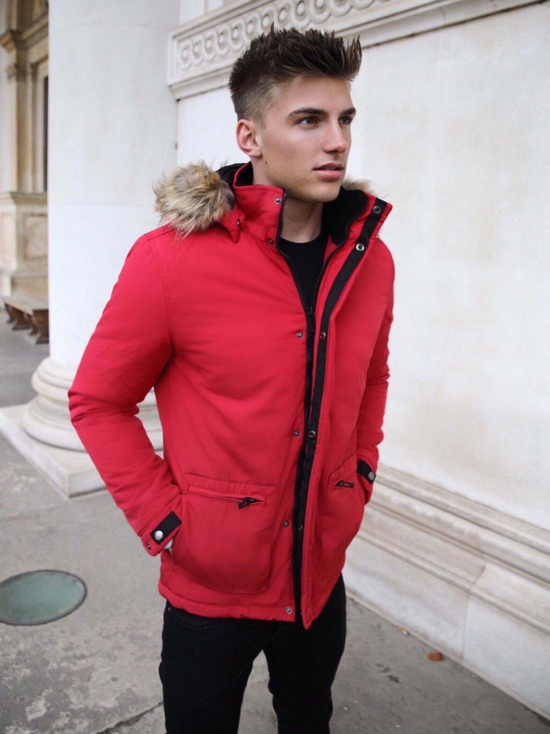 Mens red jacket hot sale with fur hood