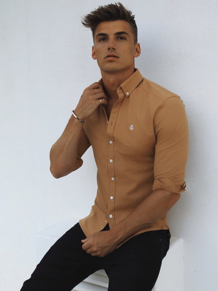 Brown shirt mens outfit on sale