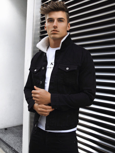 Fleece Lined Jean Jacket With Black Fur Winter Jackets Black Denim
